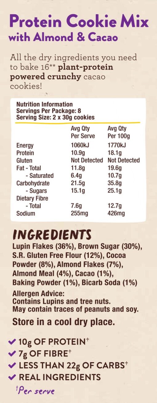 protein cookie mix with almond and cacao nutri info