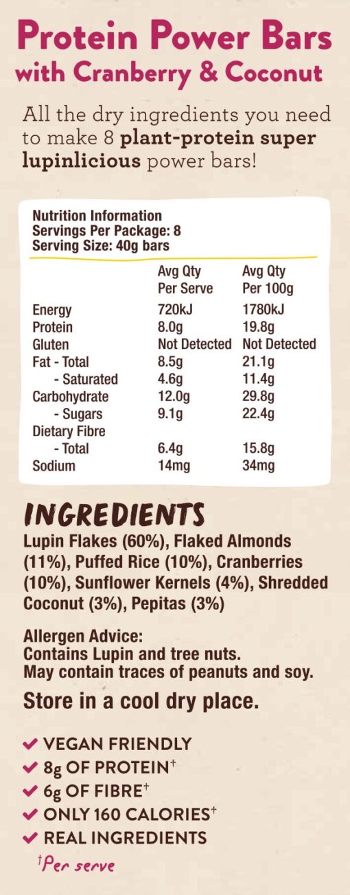 protein power bars with cranberry and coconut nutri info